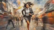 The rapid businesswoman running fast racing with time in chaotic and colorful background. Generative AI AIG30.