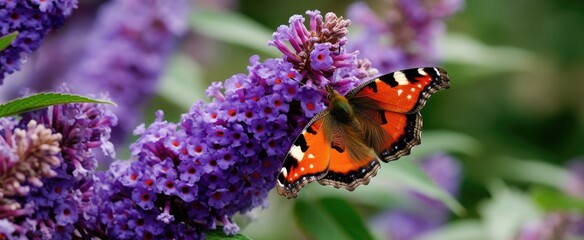 Butterfly on a purple butterfly bush in a garden in summer, climate change insect dying concept, crteated with generative ai