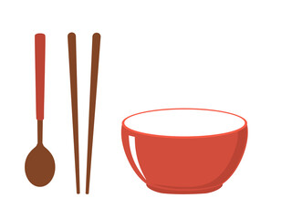 Poster - Spoon, chopsticks and red bowl icon sign isolated on white background vector illlustration.