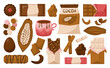 Chocolate set. Different shapes and flavors of chocolate candies, bars