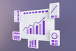 Perspective view on project statistics, financial data, growing sales charts, report preparation and data synchronization white card windows with purple graphs on abstract background. 3D rendering