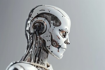 Poster - 3d rendering humanoid robot or robot working isolated on grey background. Robot woman on white background, AI Generated