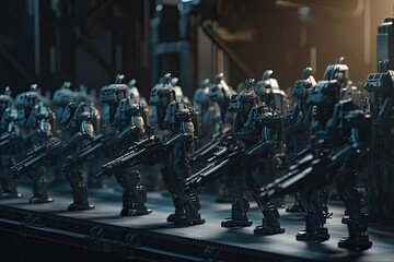 Wall Mural - 3d rendering of a group of robot soldiers on the conveyor belt, Robot army formation with tactical gears, AI Generated