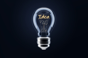 Wall Mural - Creative glass idea light bulb on dark background. Inspiration and genius concept. 3D Rendering.