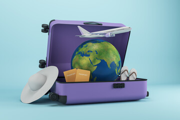 Wall Mural - Abstract image of suitcase filled with airplane, globe and beach items on blue backdrop. Summer vacation, tour agency and travel concept. 3D Rendering.