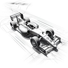 Wall Mural - illustration of a formula race car in black and white background. Sport car racing formula one race track line art, AI Generated