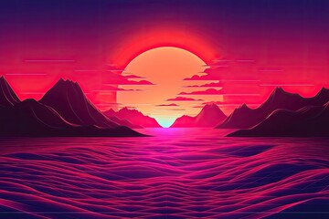 Poster - sunset over the sea and mountains, illustration, Synthwave sunset landscape 80s retro synthwave color, AI Generated