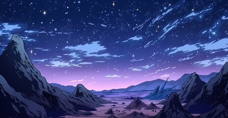 Mountain valley night sky star background. Anime cartoon style drawing. Generative AI technology.	