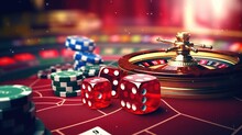 3D Illustration Backdrop Banner With Casino Elements, Featuring Craps, Roulette, And Poker Cards For An Immersive Gaming Experience