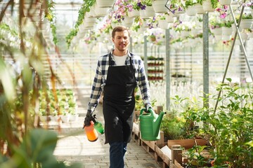 Wall Mural - Ready for work, With watering cans. Florist man is in garden center. Successful employee is in a bright greenhouse