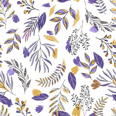 Wall Mural - Scandinavian purple and yellow leaves seamless pattern. This pattern can be use for fabric textile wallpaper.