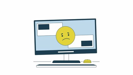Wall Mural - computer problem animation. animated sad emoticon on cracked display 2d cartoon flat colour line obj