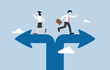 Breakup of business partner, project team dissolution, conflict of interest, disagreement of opinion concept, Businessman and businesswoman walking in opposite directions of split arrow.