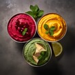 colorful hummus trio featuring classic, beet, and spinach hummus varieties