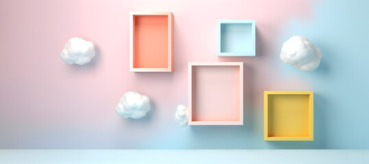Abstract minimal concept. Pastel multi colour clouds background with empty blank photo frames, abstract landscape. Mock up template for product presentation. 3D rendering. copy text space