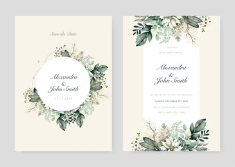 Fototapete - Sage green Elegant watercolor flower wedding invitation design template
