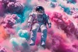 © ckybe - Space illustration of man in space suit inside softly glowing pink and blue galactic cloud. Peaceful galaxy astronaut. Retrowave. Generative Ai.