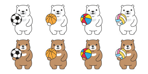 Poster - Bear vector polar bear icon sport ball soccer football basketball volleyball beach character cartoon doodle logo teddy symbol animal illustration isolated design