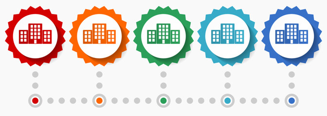 Fototapete - Office building vector icon set, colorful infographic template, set of flat design badge icons in 5 color options