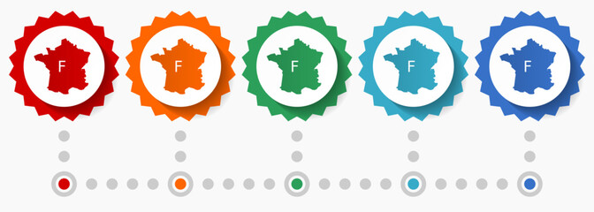 Poster - Map of France vector icon set, colorful infographic template, set of flat design badge icons in 5 color options