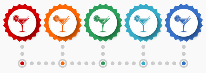 Leinwandbilder - Tropical drink, alcohol, bar, martini in glass vector icon set, colorful infographic template, set of flat design badge icons in 5 color options