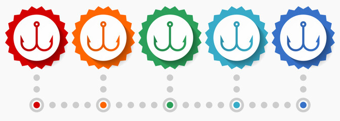 Poster - Fishing hook vector icon set, colorful infographic template, set of flat design badge icons in 5 color options