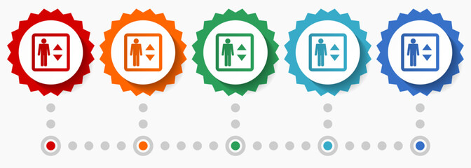 Aufkleber - Elevator, lift vector icon set, colorful infographic template, set of flat design badge icons in 5 color options