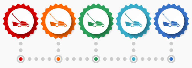 Poster - Lawn mower vector icon set, colorful infographic template, set of flat design badge icons in 5 color options