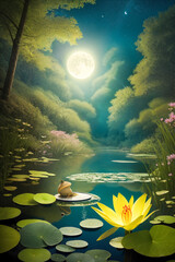 Wall Mural - Reflection of the moon in the water of the swamp.Night.Mysterious magical forest.Water lilies.Digital creative designer art drawing.AI illustration