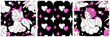 Vintage Y2K lovesick babies. Black and pink gothic collection of seamless patterns. Glamour angels in love flame, fun cupids, pink hearts and stars. Weird goth love tile backgrounds.