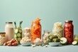 © ShniDesign - Set of fermented food in jars isolated on green background. Healthy probiotic or prebiotic diet. AI Generated.