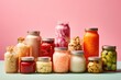 Set of fermented food in jars isolated on pink background. Healthy probiotic or prebiotic diet. AI Generated.