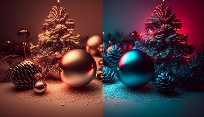 Wall Mural - Gradient christmas balls and trees, christmas gradient background with balls and trees, Generative AI