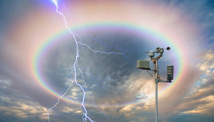 Wall Mural - weather station automatic measurement of weather parameters with lightning and rainbow