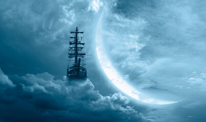 Fototapete - Sailing old ship in a storm sea with crescent moon stormy clouds in the background 