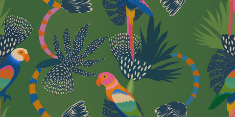 Exotic abstract tropical pattern with parrots. Colorful botanical abstract contemporary seamless pattern. Hand drawn unique print.