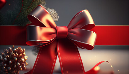 Wall Mural - Red gift bow, christmas background with realistic red ribbon, Generative AI