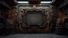 Dark Sci-fi Dieselpunk Space Station Corridor Interior With Hangar Door Generative Ai