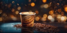 AI Generated. AI Generative. Coffee Espresso Cup Mug Latte Art. Coffee Beans Aroma Background. Coffee Shop Take Away Vibe. Graphic Art