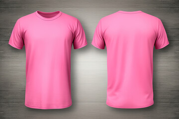 Pink male t-shirt realistic mockup set from front and back view, blank textile print design template for fashion apparel. Created with Generative AI Technology