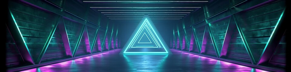 Wall Mural - illustration, fluorescent blue, green and purple neon triangle, website header, ai generative