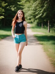 Wall Mural - Beautiful caucasian teenager smiling happy standing at the city park. The girl wearing in top and pants. Generative AI