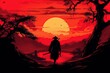 illustration, setting sun with a Japanese dark red sky, ai generative
