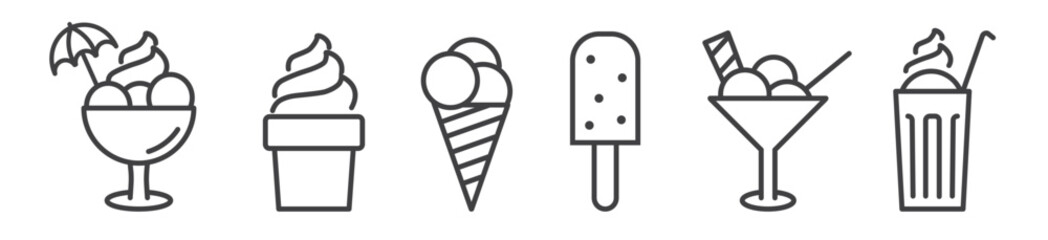 Wall Mural - Set of editable thin line ice cream icons - sundae, cone, parfait, Iced coffee and frozen yogurt
