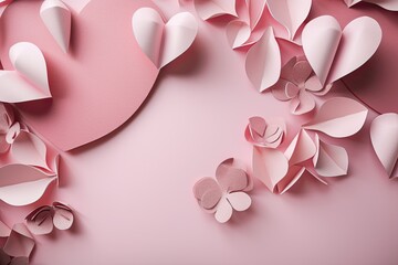 Poster - Paper origami flowers on pink background. Valentines day concept. Valentines Day Background with Pink Paper Craft Love, AI Generated