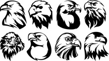 Hand Drawn Eagle Head Emblem Set. Mascot Bird Collection. Predator Logo Illustration Isolated On White.