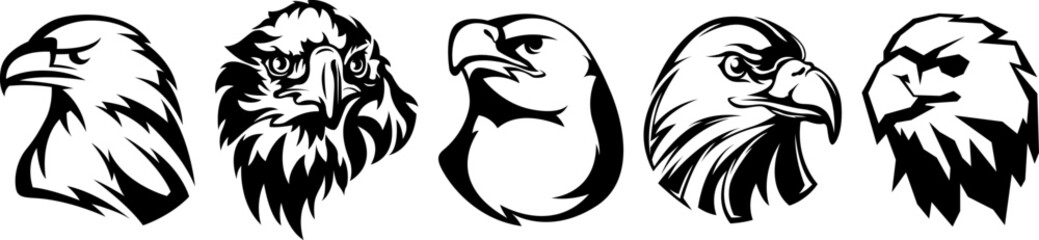 Wall Mural - Hand drawn eagle head emblem set. Mascot bird collection. Predator logo illustration isolated on white.