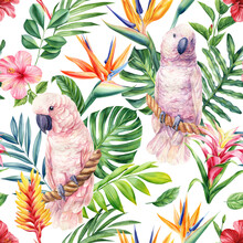 Seamless Tropical Pattern With Cockatoo Birds, Palm Leaves And Flowers. Watercolor Painting Illustration.