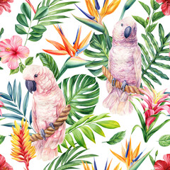 Seamless tropical pattern with cockatoo birds, palm leaves and flowers. watercolor painting illustration.