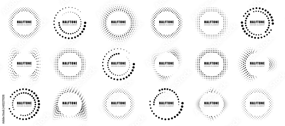 Halftone circle elements collection. Set of black design elements half ...